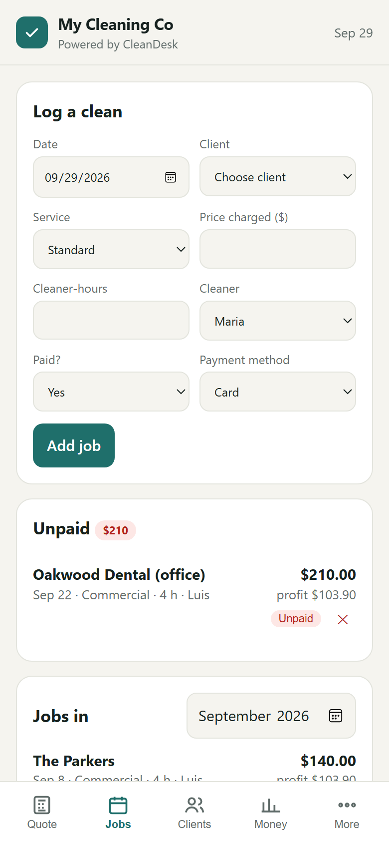 CleanDesk jobs screen with a log-a-clean form and an unpaid job for an office client